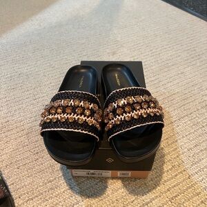 Halogen Black Slide Sandals with Gold Crystal Embellishment